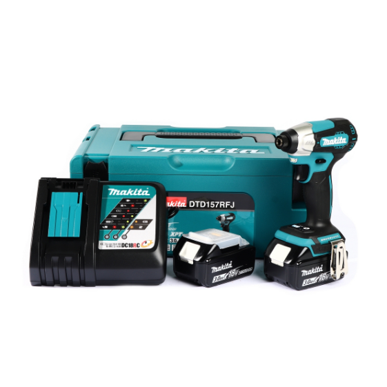 MAKITA (มากีต้า) สว่านกระแทกไร้สาย 18V รุ่น DTD157RFJ แรงบิดสูงสุด 140 นิวตันเมตร มอเตอร์ไร้แปรงถ่าน สามารถทำงานในพื้นที่แคบได้ (พร้อมแบตเตอรี่ 3.0A และ แท่นชาร์จ)