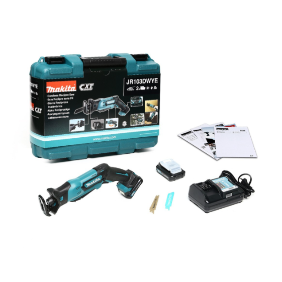 MAKITA เลื่อยชักไร้สาย 12 โวลต์ (Tool Less) รุ่น JR103DWYE ความยาวช่วงชัก 1/2 นิ้ว รวมแบตเตอรี่-แท่นชาร์จ