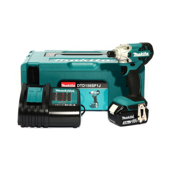 ชุดสว่านไขควงไร้สาย 18 โวลต์ มากีต้า (MAKITA) รุ่น DTD156SF1J พร้อมแบตเตอรี่และแท่นชาร์จ ขนาดแกน 6.35 มม. (1/4 นิ้ว) แรงบิดสูงสุด 155 นิวตันเมตร อัตรากระแทกต่อนาที 0 - 3,000 ครั้ง/นาที ความเร็วรอบตัวเปล่า 0 - 2,500 รอบ/นาที น้ำหนักเบา ใช้งานได้ทุกที่