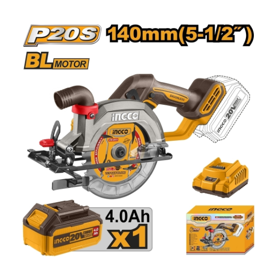 INGCO 20V-BL เลื่อยวงเดือนไร้สาย 5 นิ้ว (140 มม.) รุ่น CSLI14021 ความเร็วรอบ 6300 RPM รวมแบตเตอรี่และแท่นชาร์จ (อิงโก้)