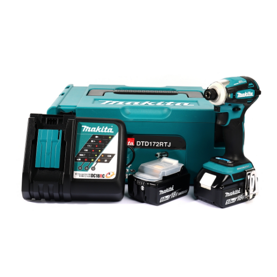 MAKITA สว่านไขควงกระแทกไร้สาย 18 โวลต์ 1/4 นิ้ว รุ่น DTD172RTJ แรงบิดสูงสุด 180 นิวตันเมตร มอเตอร์แบบไร้แปรงถ่าน รวมแบตเตอรี่และแท่นชาร์จ