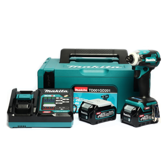 MAKITA สว่านไขควงกระแทกไร้สาย 40 โวลต์ 1/4 นิ้ว รุ่น TD001GD201 แรงบิดสูงสุด 220 นิวตันเมตร รวมแบตเตอรี่และแท่นชาร์จ