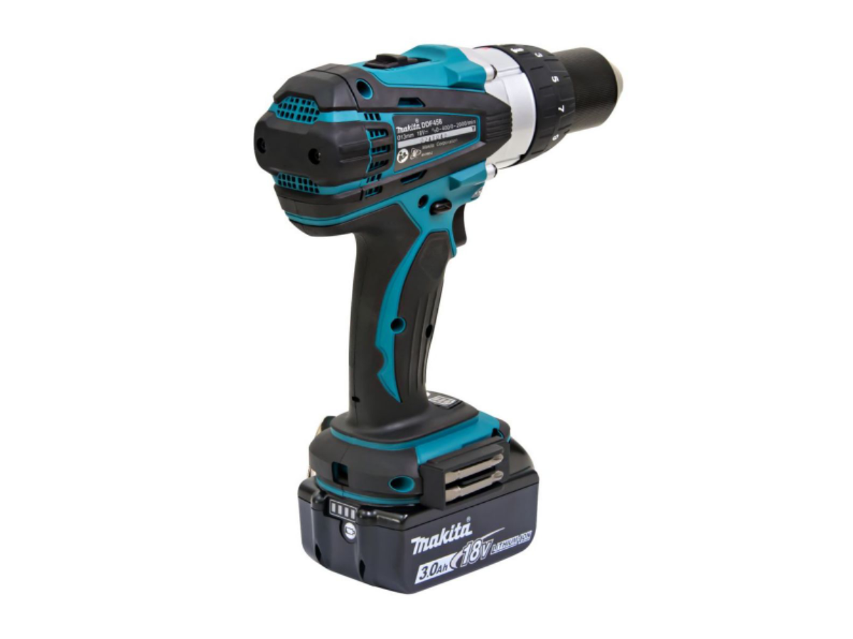 MAKITA สว่านไขควงไร้สาย 18 โวลต์ ขนาด 1/2 นิ้ว รุ่น DDF-458RFE แรงบิดหมุน 84 นิวตันเมตร รวมแบตเตอรี่และแท่นชาร์จ