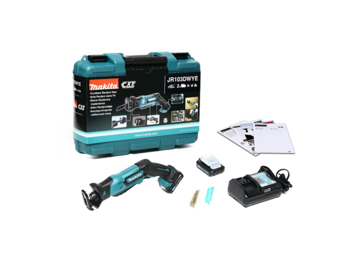 MAKITA เลื่อยชักไร้สาย 12 โวลต์ (Tool Less) รุ่น JR103DWYE ความยาวช่วงชัก 1/2 นิ้ว รวมแบตเตอรี่-แท่นชาร์จ