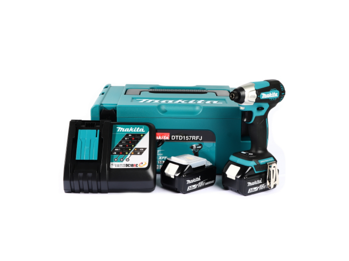MAKITA (มากีต้า) สว่านกระแทกไร้สาย 18V รุ่น DTD157RFJ แรงบิดสูงสุด 140 นิวตันเมตร มอเตอร์ไร้แปรงถ่าน สามารถทำงานในพื้นที่แคบได้ (พร้อมแบตเตอรี่ 3.0A และ แท่นชาร์จ)