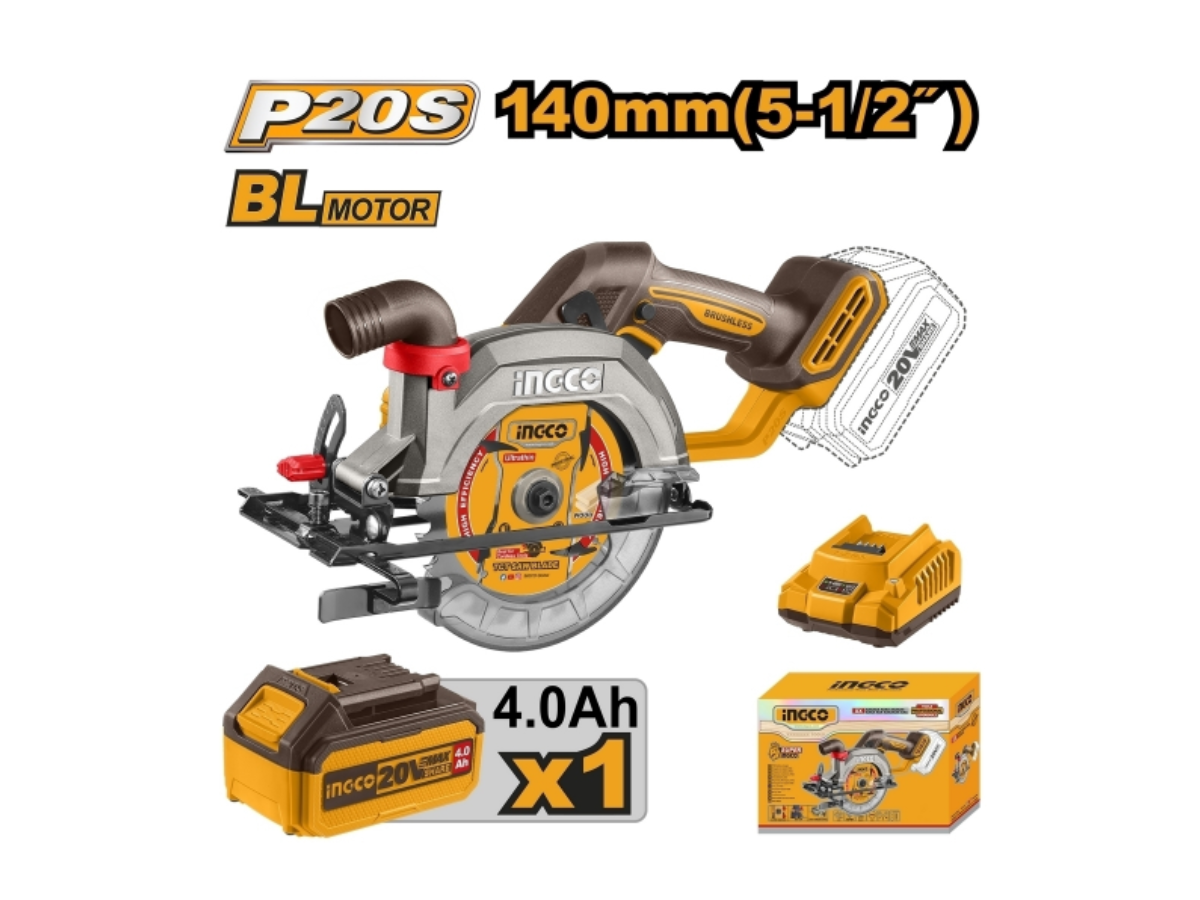 INGCO 20V-BL เลื่อยวงเดือนไร้สาย 5 นิ้ว (140 มม.) รุ่น CSLI14021 ความเร็วรอบ 6300 RPM รวมแบตเตอรี่และแท่นชาร์จ (อิงโก้)