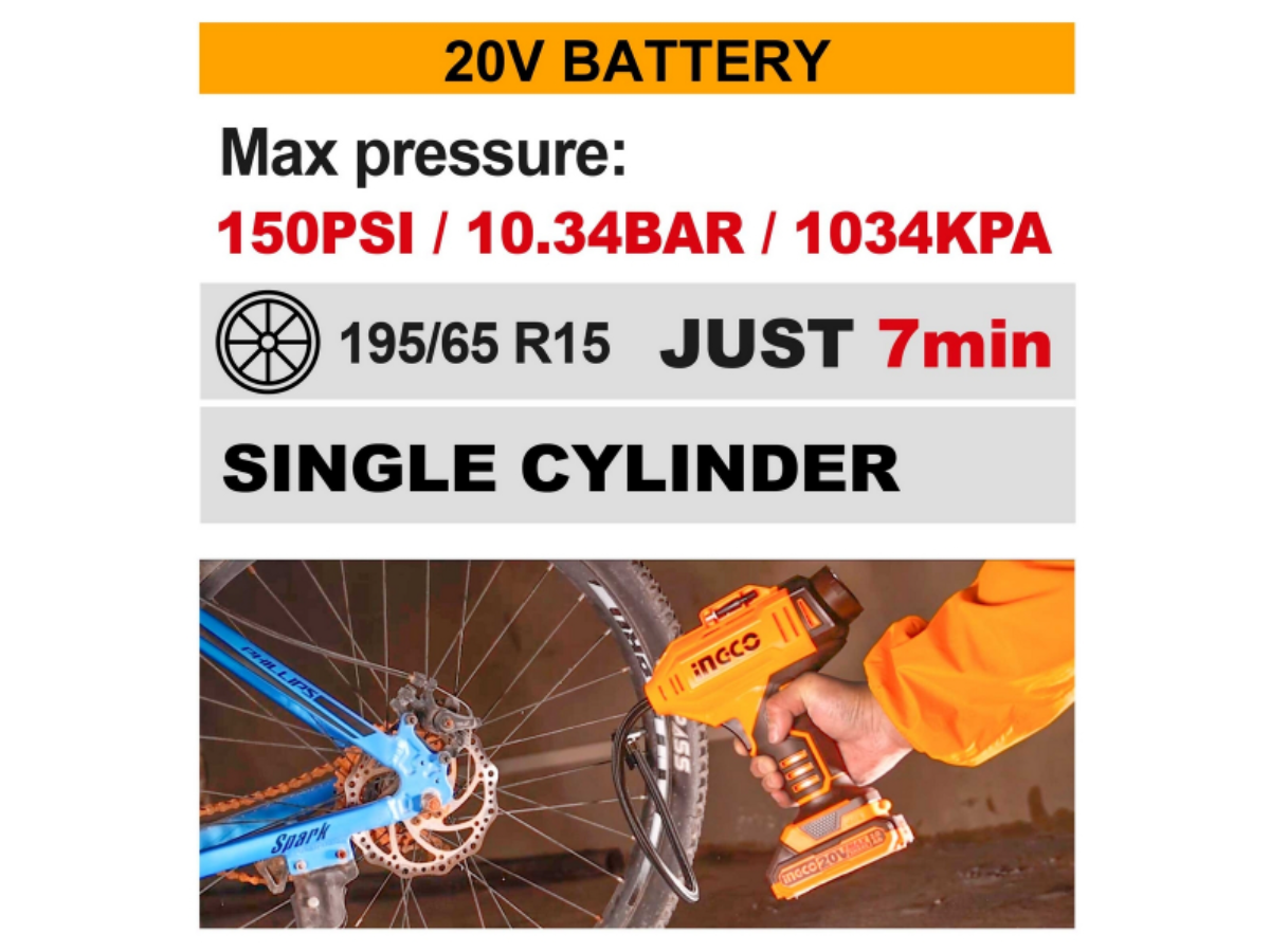 INGCO ปั๊มสูบลมไร้สาย 20 โวลต์ รุ่น CACLI2018 แรงดันลมสูงสุด 150 PSI / 10.34 บาร์