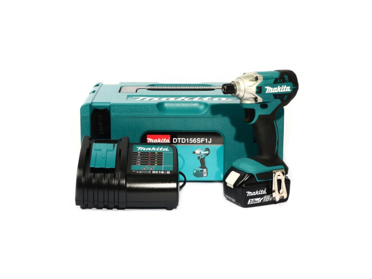 ชุดสว่านไขควงไร้สาย 18 โวลต์ มากีต้า (MAKITA) รุ่น DTD156SF1J พร้อมแบตเตอรี่และแท่นชาร์จ ขนาดแกน 6.35 มม. (1/4 นิ้ว) แรงบิดสูงสุด 155 นิวตันเมตร อัตรากระแทกต่อนาที 0 - 3,000 ครั้ง/นาที ความเร็วรอบตัวเปล่า 0 - 2,500 รอบ/นาที น้ำหนักเบา ใช้งานได้ทุกที่
