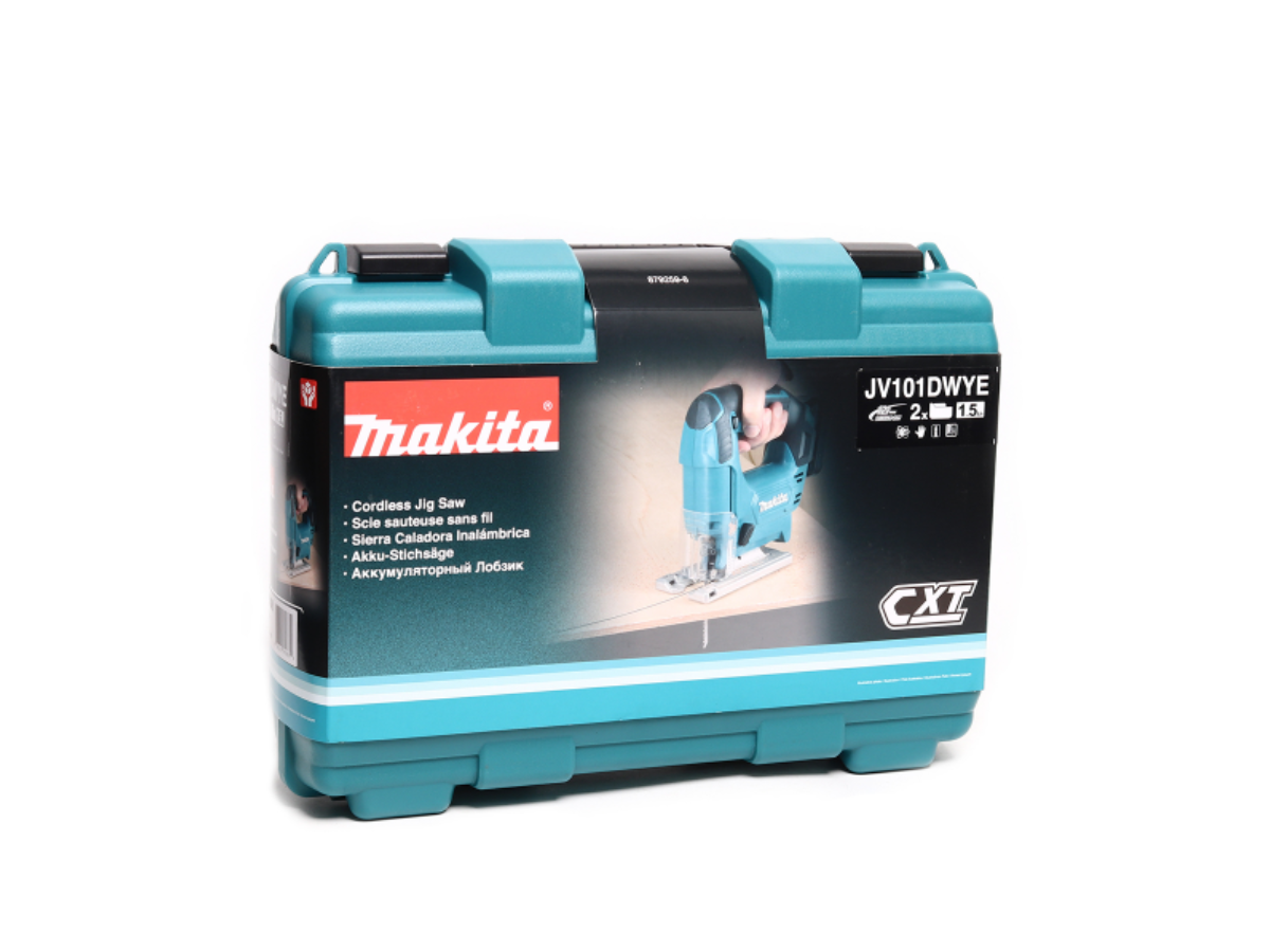 MAKITA เลื่อยจิกซอไร้สาย 12 โวลต์ รุ่น JV101DWYE ความยาวช่วงชัก 18 มม. (11/16 นิ้ว) รวมแบตเตอรี่และแท่นชาร์จ