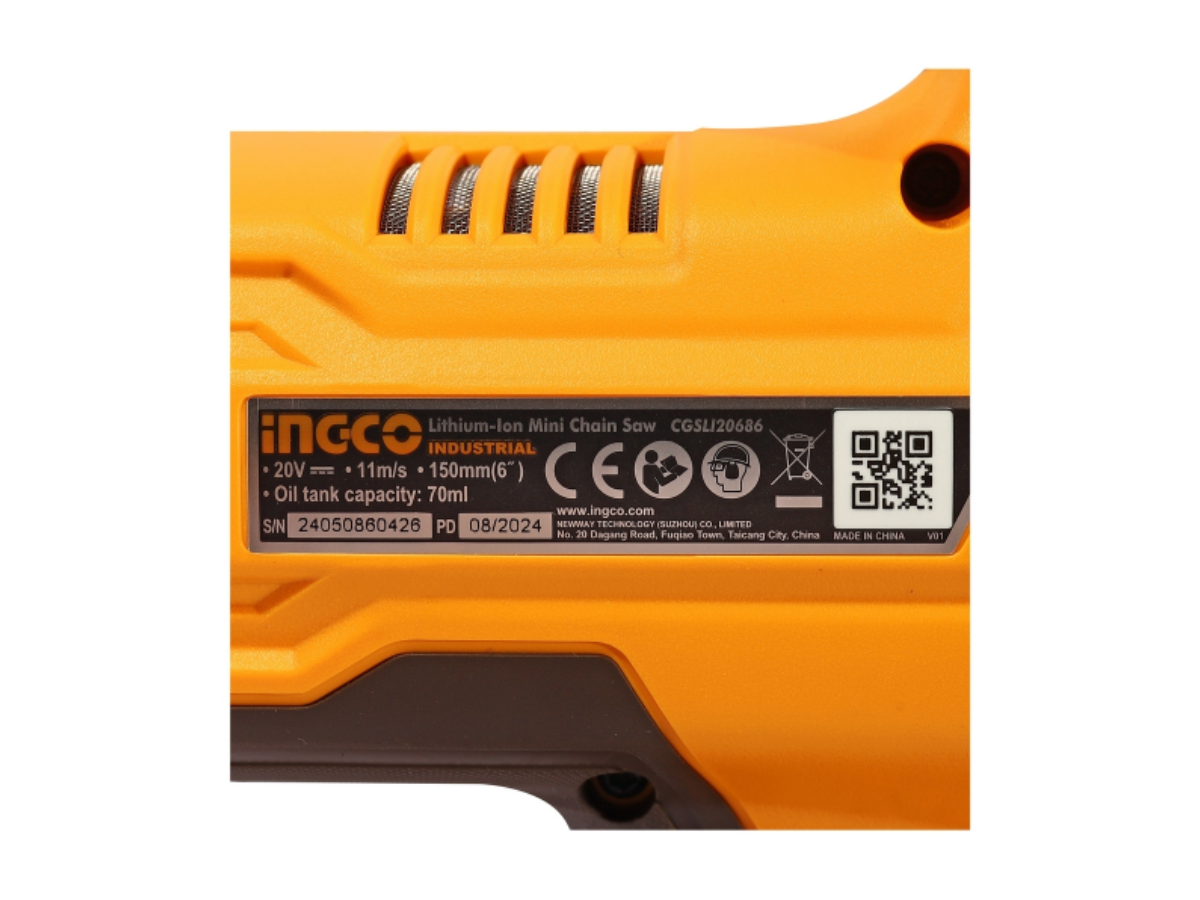 INGCO เลื่อยโซ่ไร้สาย 20 โวลต์ ขนาด 6 นิ้ว รุ่น CGSLI20686 ความเร็วโซ่ 11 เมตร/วินาที